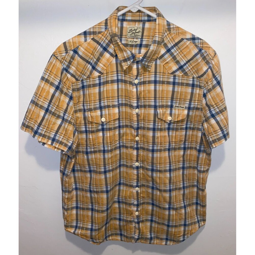 Lucky Brand Sportswear Western Short Sleeve Button Up Shirt Mens XL Yellow Plaid